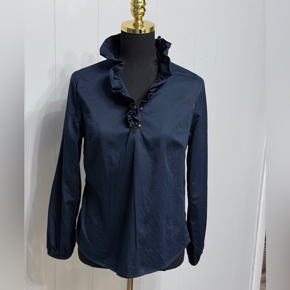 #14) Elizabeth McKay Navy Ruffle Blouse with Gold color buttons
